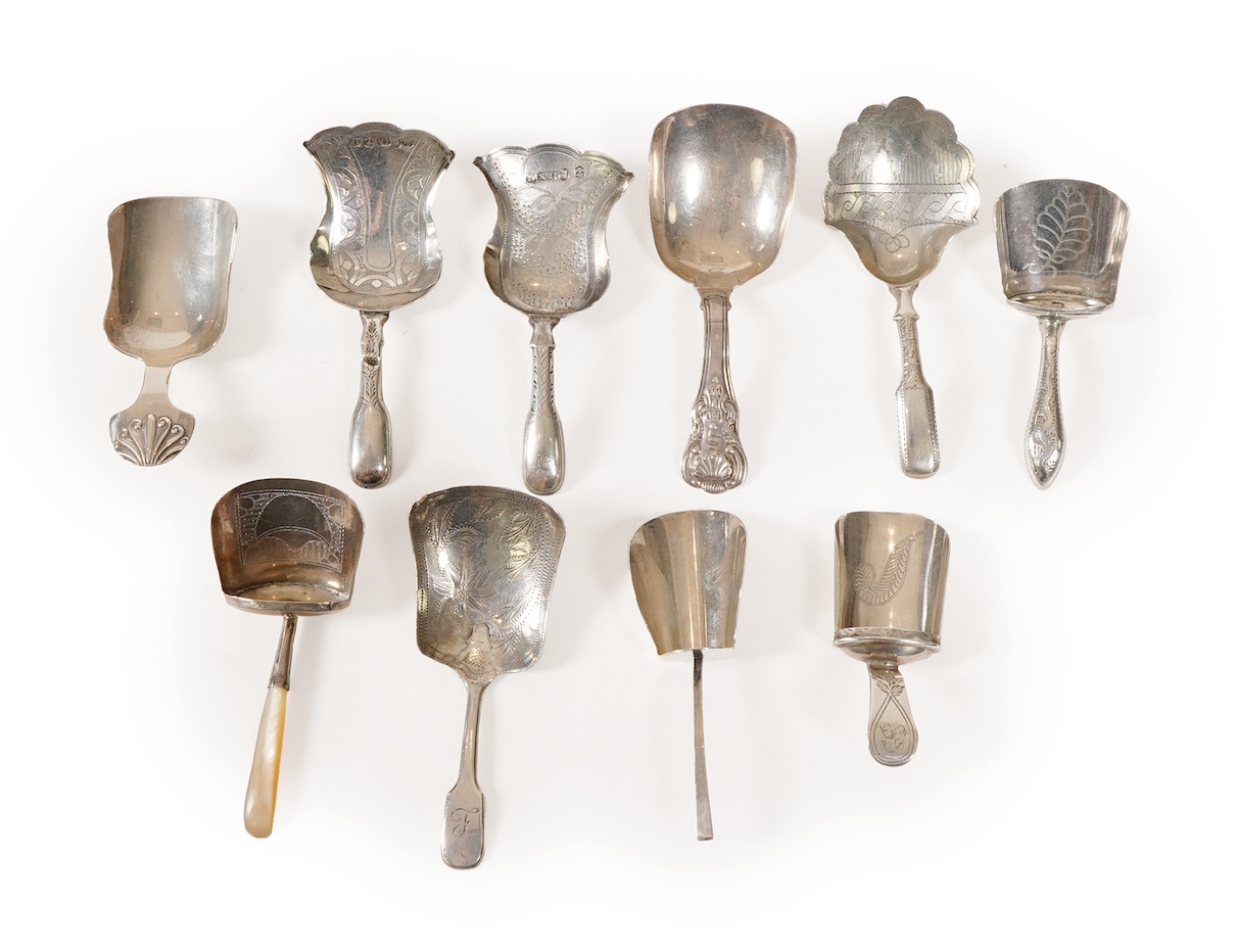 Ten assorted mainly 19th century silver caddy spoons, most with shovel bowls